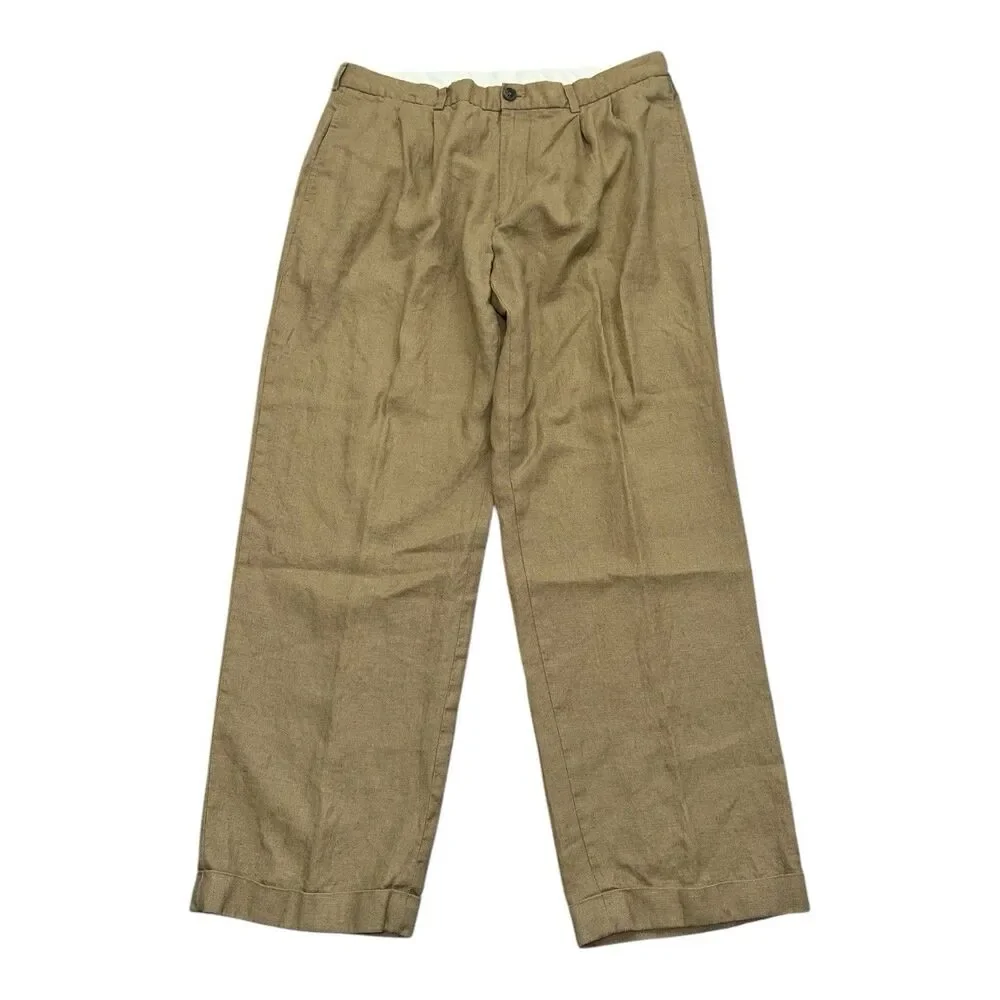 Brooks Brothers 346 100% Linen Pants Khaki Tan Cuffed Pleated Chino 36/31